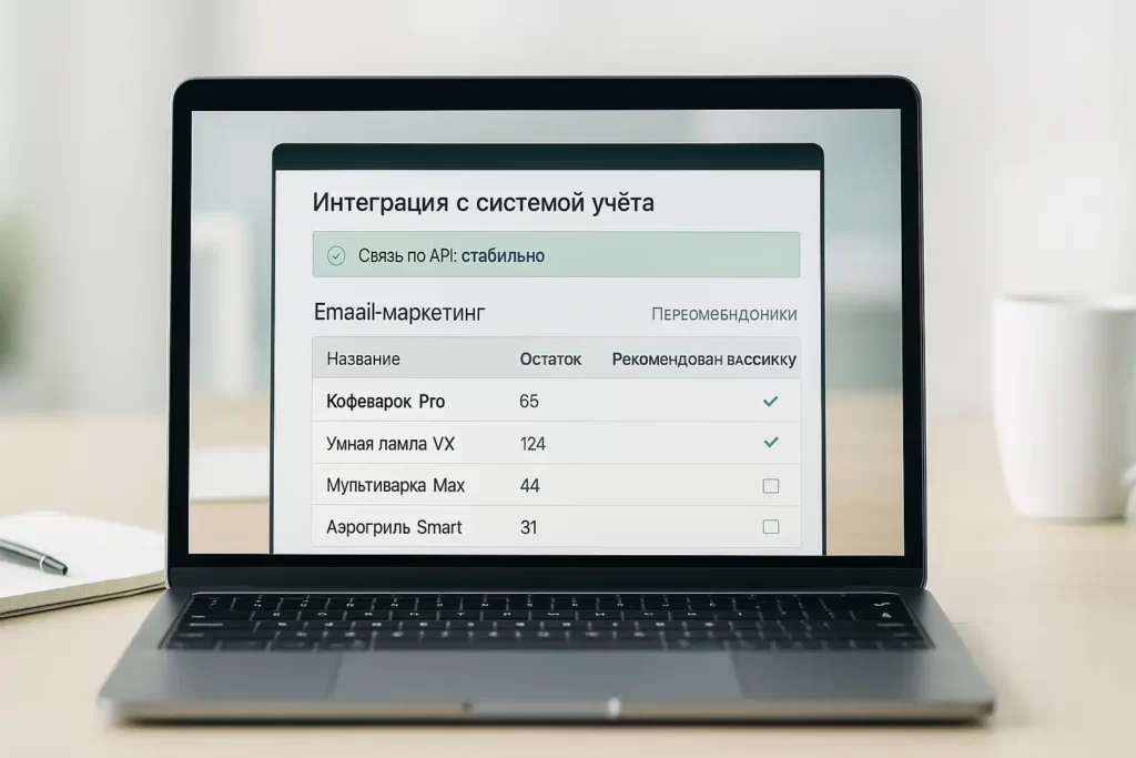 Интерфейс email-маркетинга на ноутбуке с русскими подписями: «Интеграция с системой учёта», «Связь по API: стабильно», таблица с колонками «Название», «Остаток», «Рекомендован в рассылку».
