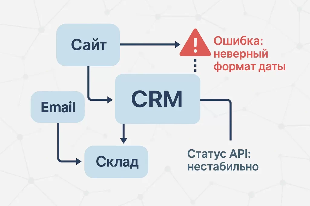 Инфографика показывает ошибку API-интеграции: модуль «Email» соединён с «CRM» пунктирной стрелкой, рядом — предупреждение «Ошибка: неверный формат даты», внизу надпись «Статус API: нестабильно».