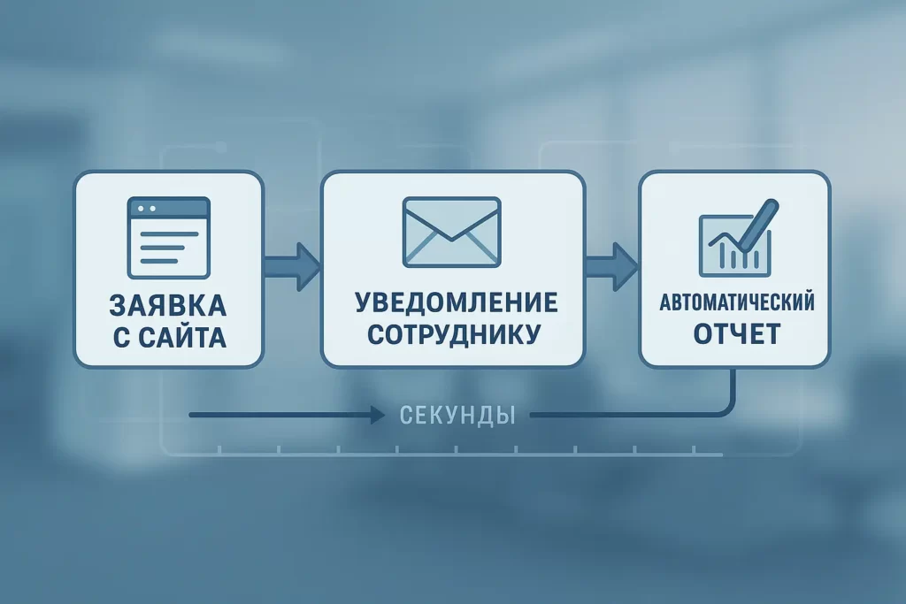 Инфографика на русском: «Заявка с сайта» → «Уведомление сотруднику» → «Автоматический отчёт», под схемой надпись «Секунды», фон размыт.