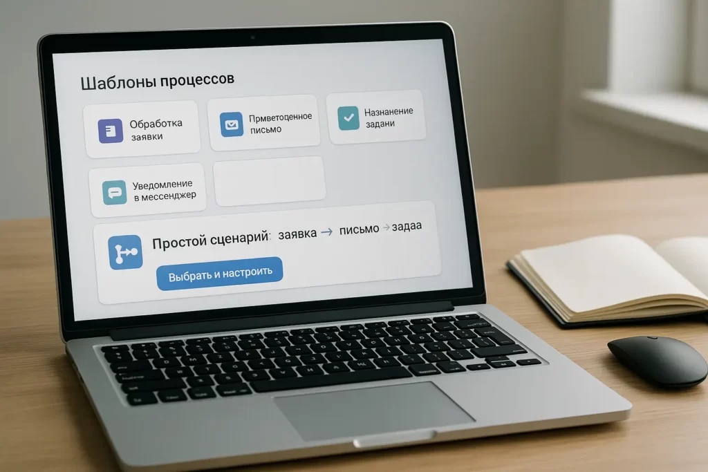 Ноутбук на столе с открытой панелью «Шаблоны процессов» на русском языке: карточки «Обработка заявки», «Приветственное письмо», «Назначение задачи», «Уведомление в мессенджер» и кнопка «Выбрать и настроить».