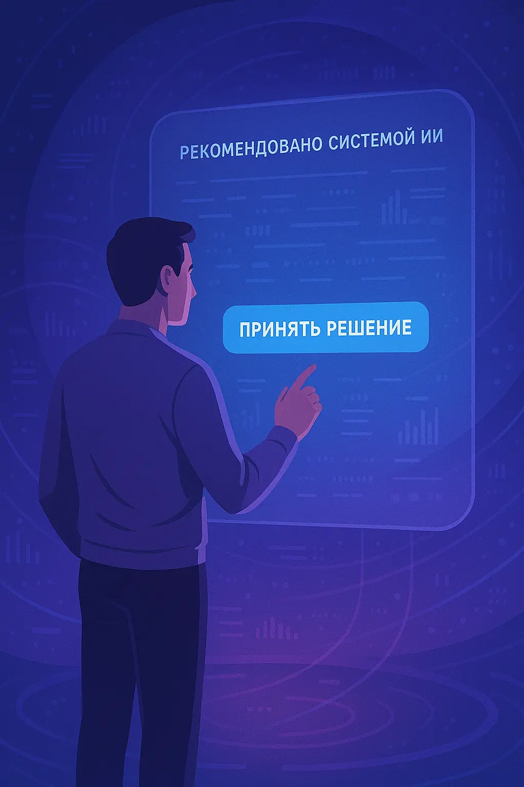 Мужчина стоит перед экраном с кнопкой «Принять решение» и надписью «Рекомендовано системой ИИ» на русском языке, вокруг — абстрактные потоки данных в сине-фиолетовой гамме.